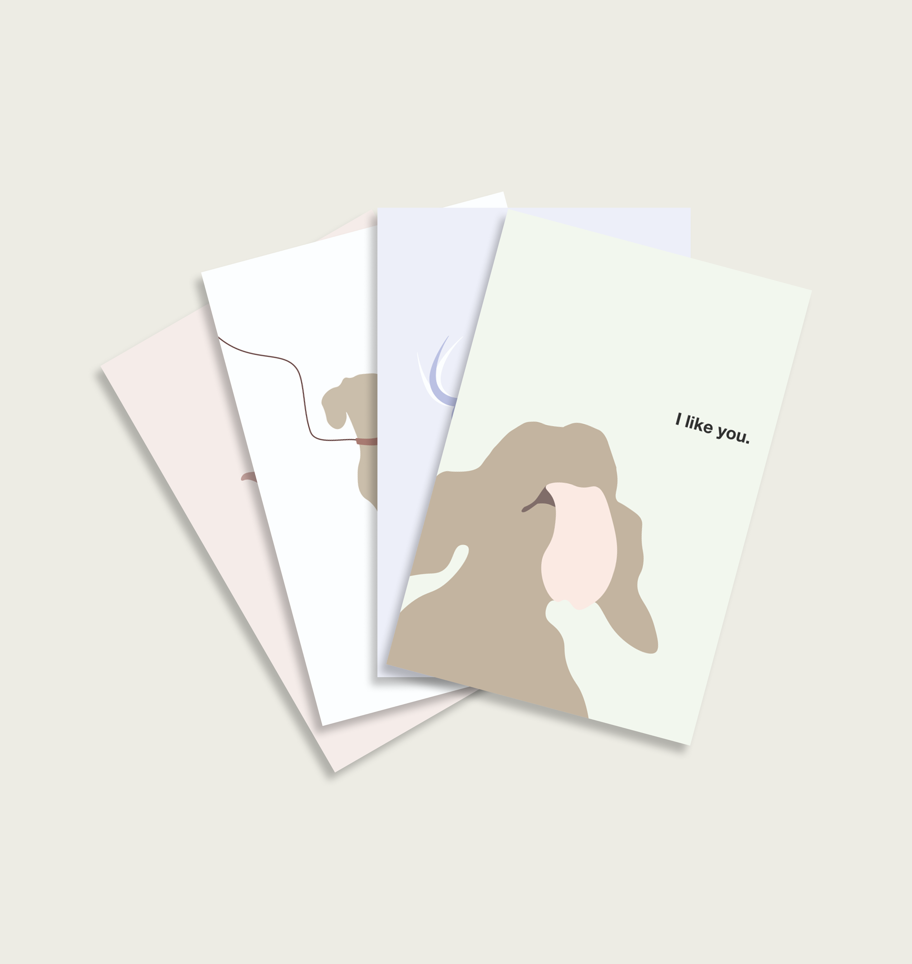 Three greeting cards with abstract designs and text on a light background