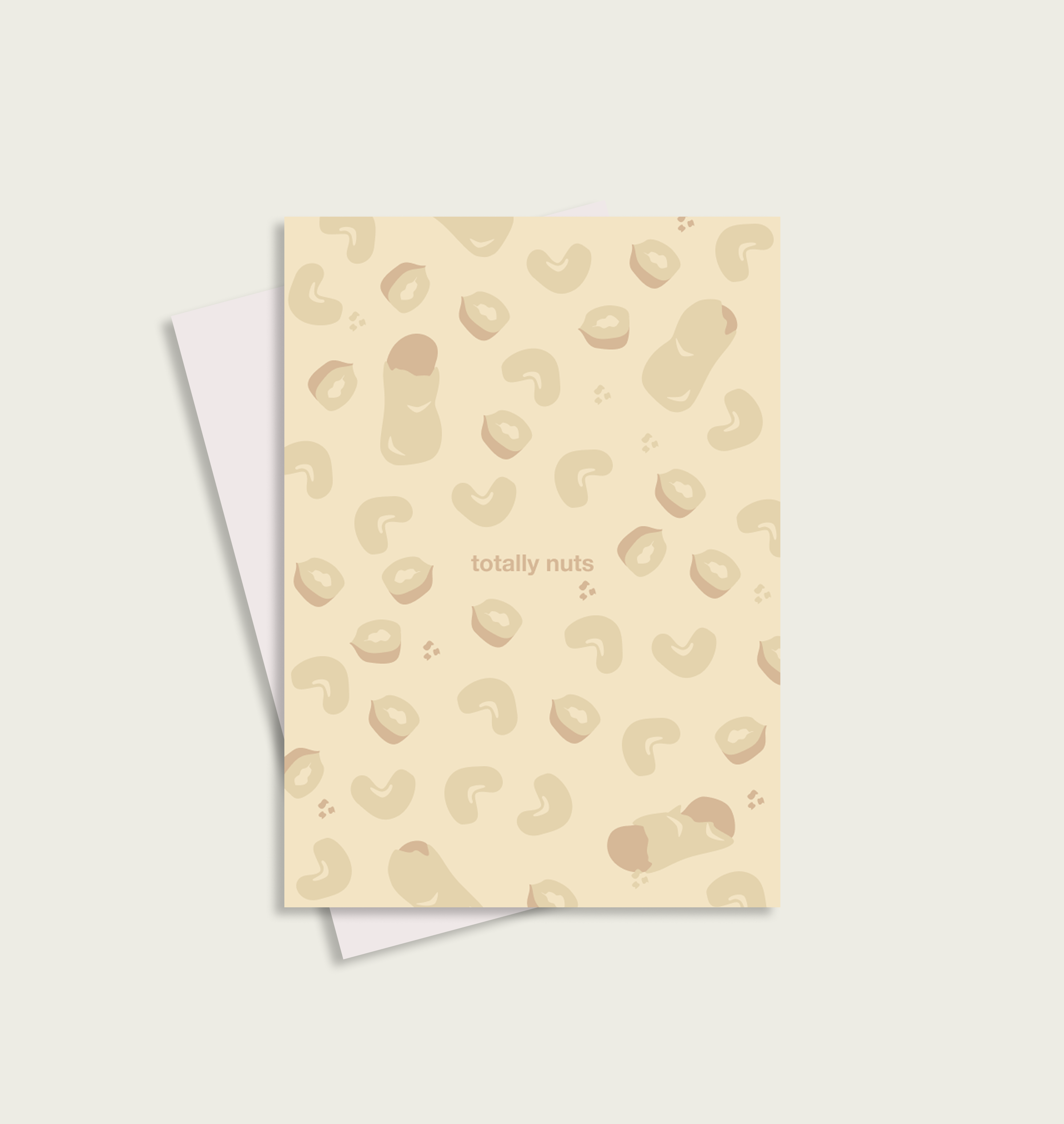 Beige poster with nut pattern and 'totally nuts' text on a light gray background