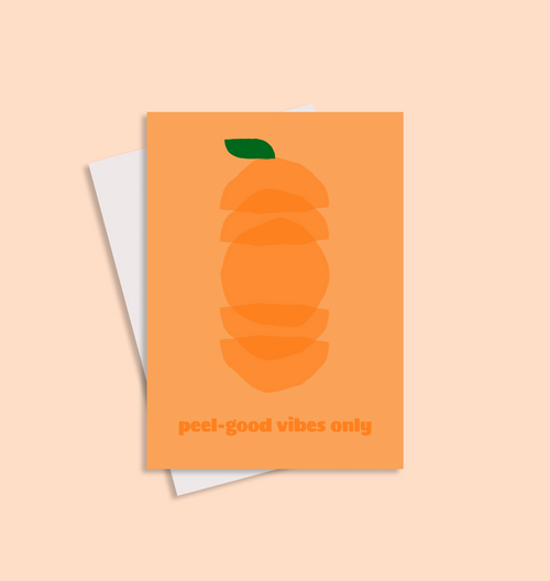 Poster with an orange design and 'peel-good vibes only' text on a beige background