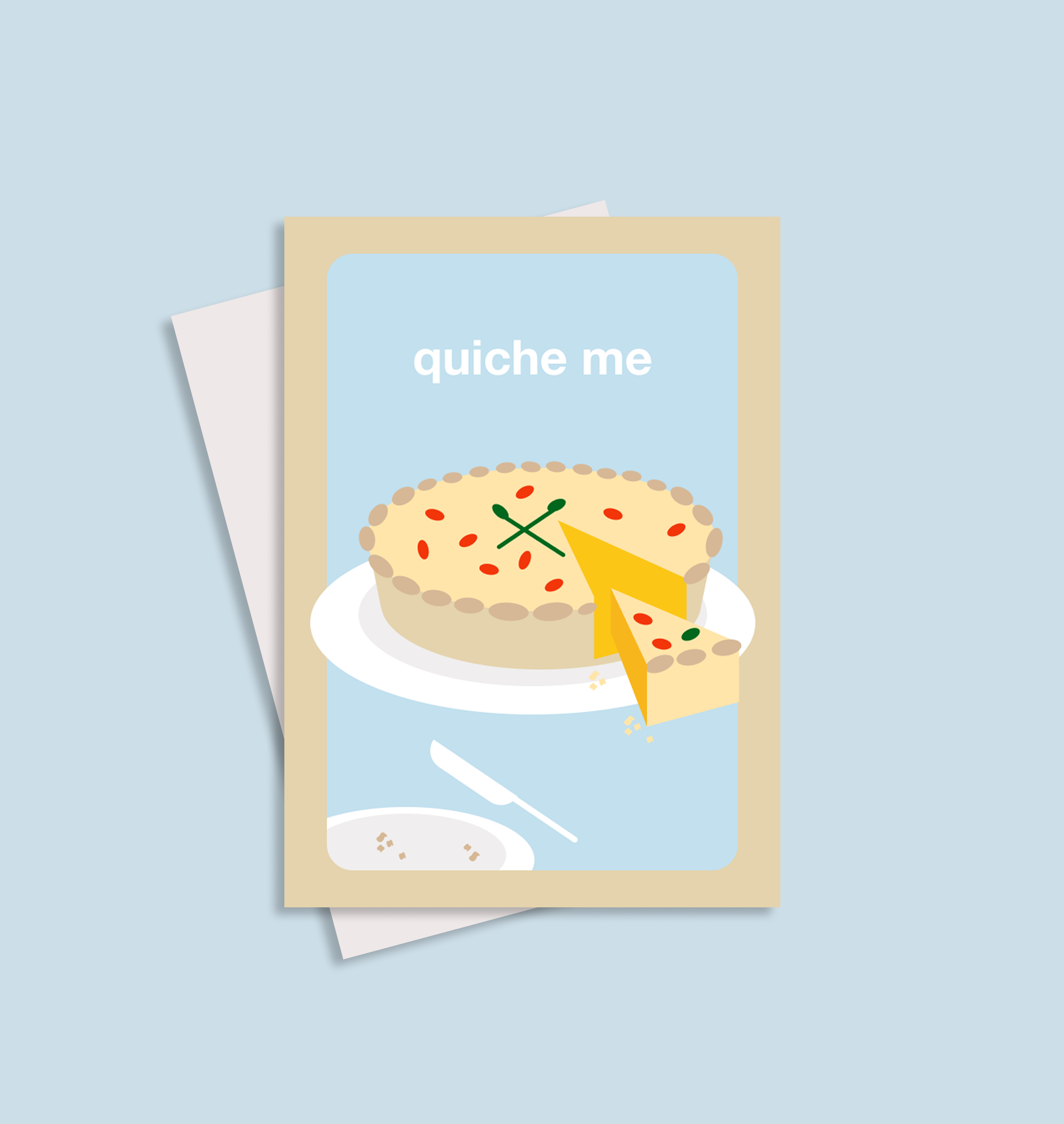 Poster with a quiche illustration and 'quiche me' text on a light blue background