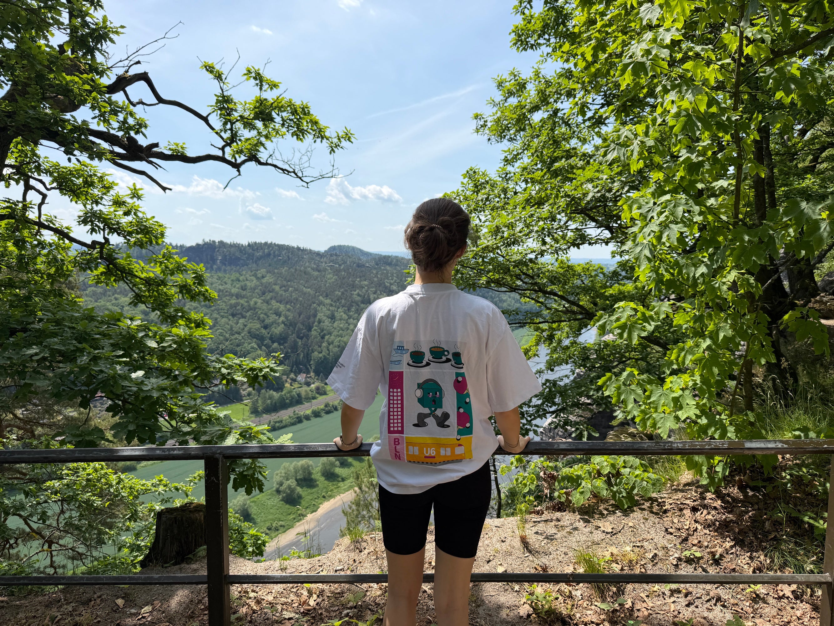 Person standing on a trail with scenic view of trees and mountains wearing a custom designed shirt with cool back print