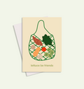 Poster with a design of vegetables in a bag and text 'lettuce be friends' on a beige background.