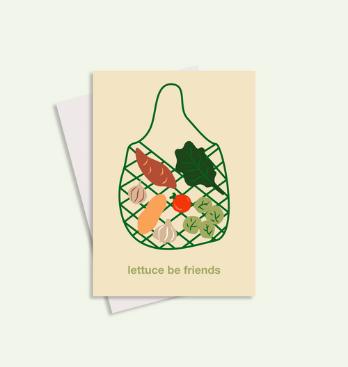 Poster with a design of vegetables in a bag and text 'lettuce be friends' on a beige background.